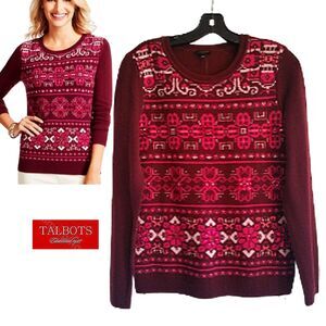 TALBOTS NEW Artsy Maximalism Lambswool Blend Medallion/Crystals Jewel Sweater M